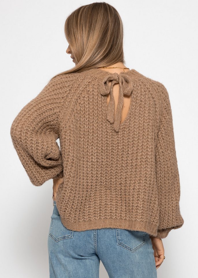 SASSYCLASSY Strickpullover Grobstrickpullover mit Schleifendetail für Damen Weicher Pullover aus Wollmischung mit Ballonärmel Braun von SASSYCLASSY