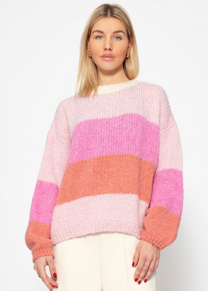 SASSYCLASSY Strickpullover Locker gestreifter Strickpullover in Rosa-Peach Oversize Grobstrickpullover Damen mit Blockstreifen von SASSYCLASSY