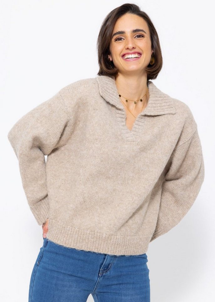 SASSYCLASSY Strickpullover Oversize Damen Pullover mit Kragen Oversize Strickpullover Damen Grau Beige Taupe von SASSYCLASSY