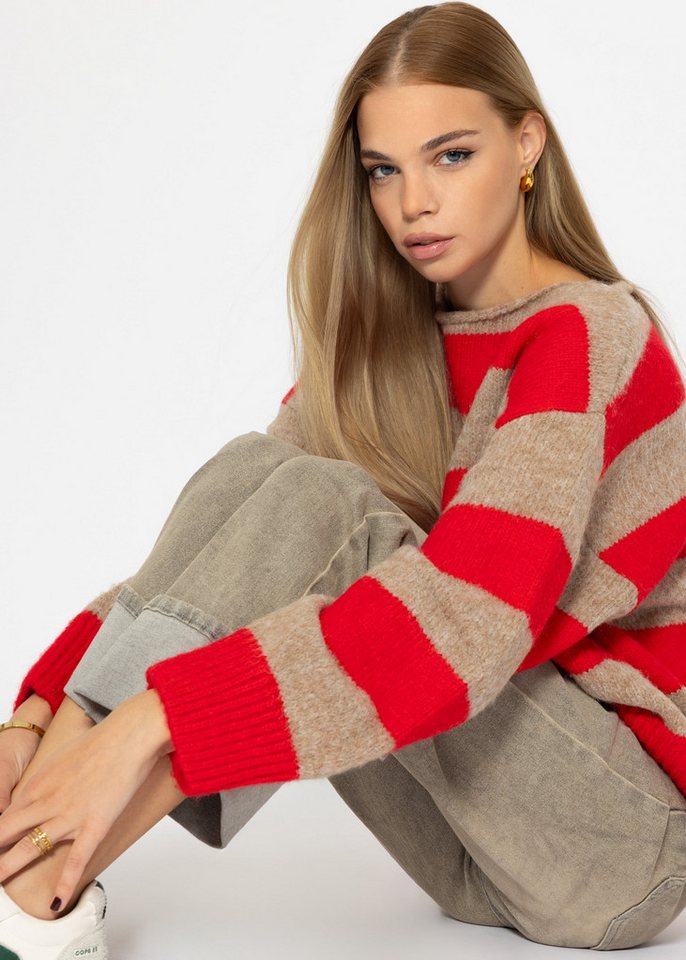 SASSYCLASSY Strickpullover Oversize Pullover Damen in Blockstreifen elegant Strickpullover gestreift mit U-Boot Ausschnitt Schwarz Beige Grau Blau von SASSYCLASSY
