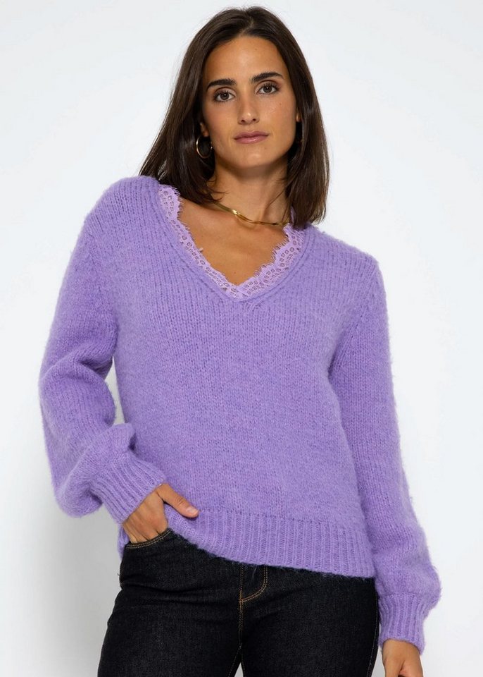 SASSYCLASSY Strickpullover Oversize Pullover Damen aus weichem Grobstrick Lässiger Strickpullover mit Spitzen-Ausschnitt von SASSYCLASSY