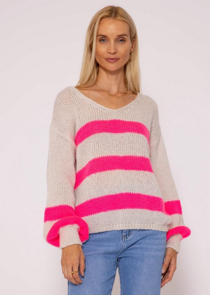 SASSYCLASSY Strickpullover Oversize Pullover Damen aus weichem Grobstrick Lässiger Strickpullover mit Streifen und V-Ausschnitt, Made in Italy von SASSYCLASSY