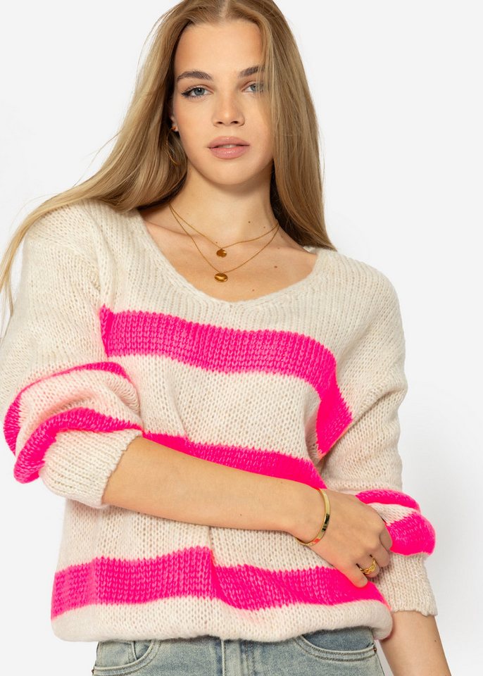 SASSYCLASSY Strickpullover Oversize Pullover Damen mit V-Ausschnitt Elegant Strickpullover mit Streifen aus weichem Grobstrick Schwarz Beige Grau von SASSYCLASSY