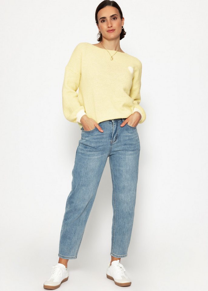 SASSYCLASSY Strickpullover Oversize Pullover Damen mit Herz-Details elegant Lockerer Damenpullover aus Strick mit U-Boot Ausschnitt Weiß Grau Gelb von SASSYCLASSY