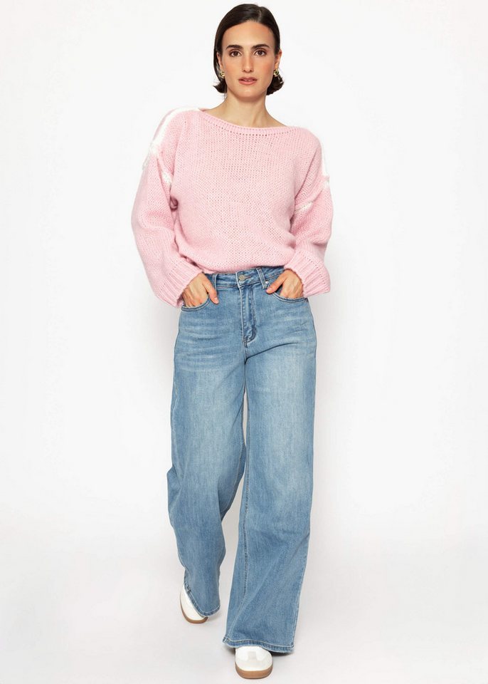 SASSYCLASSY Strickpullover Oversize Pullover Damen mit Kontrastnähten Elegant Lockerer Strickpullover mit U-Boot Ausschnitt und Außennähten Details von SASSYCLASSY