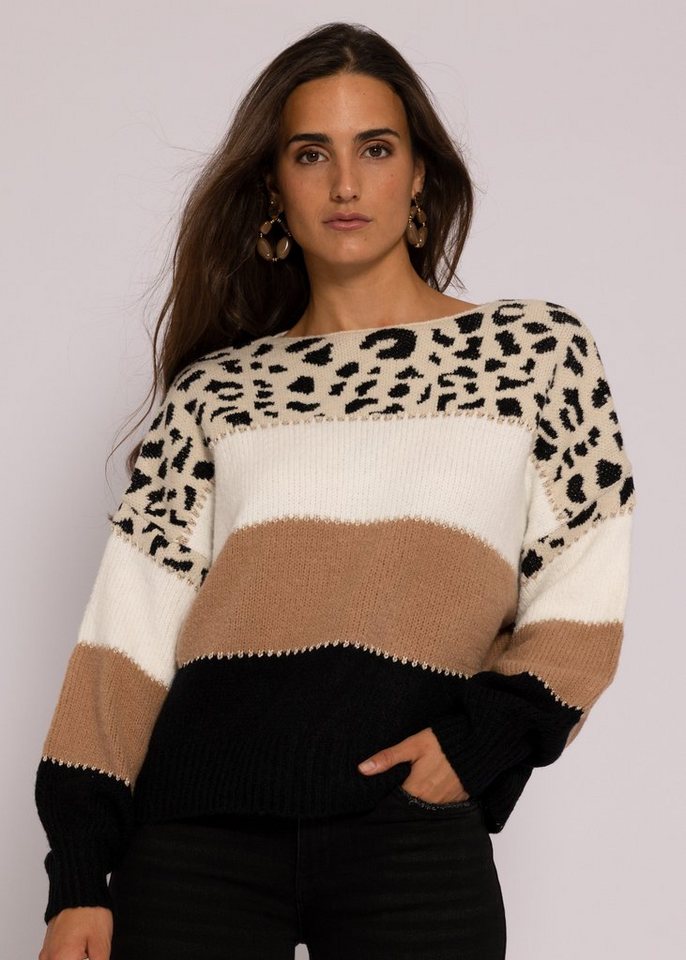 SASSYCLASSY Strickpullover Oversize Pullover Damen mit Leo-Print Lässiger Strickpullover aus weichem Grobstrick mit Streifen und Animalprint, One Size (Gr. 36-42) von SASSYCLASSY