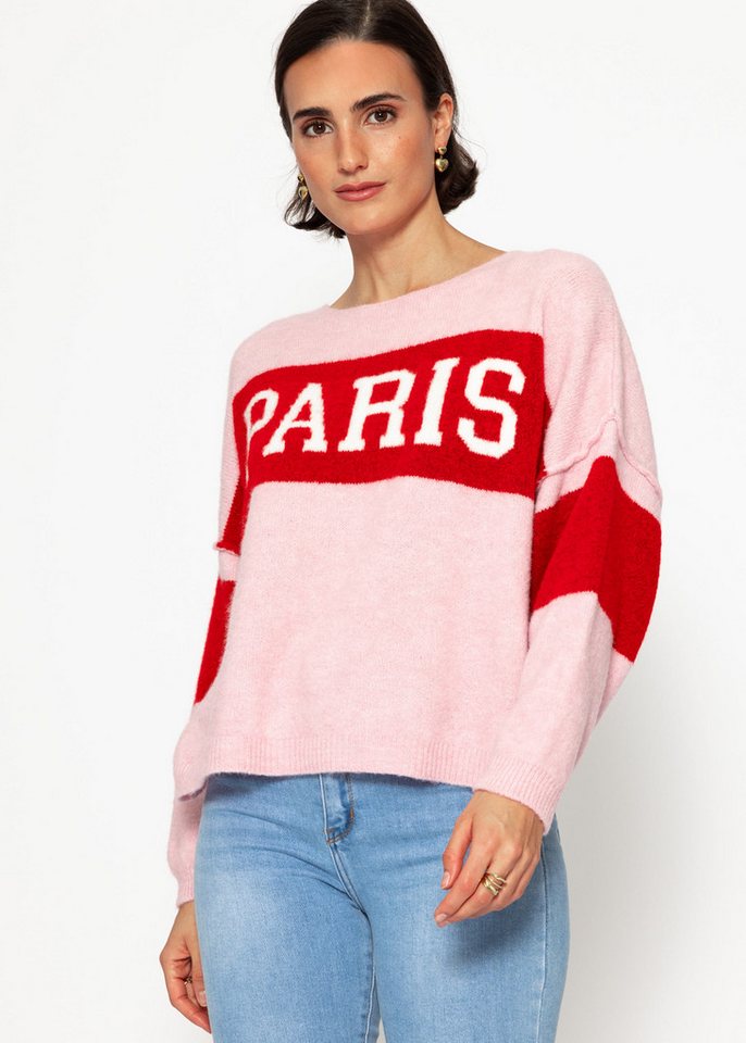 SASSYCLASSY Strickpullover Oversize Pullover Damen mit "Paris" Schriftzug Lockerer Strickpullover mit kontrastreichen Farbblöcken Rosa Rot von SASSYCLASSY