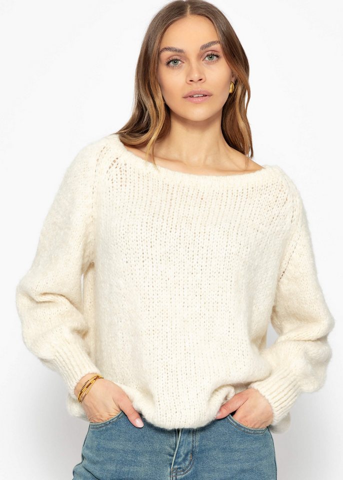 SASSYCLASSY Strickpullover Oversize Pullover Damen mit U-Boot Kragen Elegant Lockerer Strickpullover mit weitem Ausschnittform Schwarz Offwhite von SASSYCLASSY
