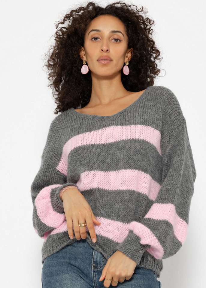 SASSYCLASSY Strickpullover Oversize Pullover Damen mit V-Ausschnitt Elegant Strickpullover mit Streifen aus weichem Grobstrick Schwarz Beige Grau SASSYCLASSY Strickpullover Oversize Pullover Damen mit V-Ausschnitt Elegant Strickpullover mit Streifen aus weichem Grobstrick Schwarz Beige Grau von SASSYCLASSY