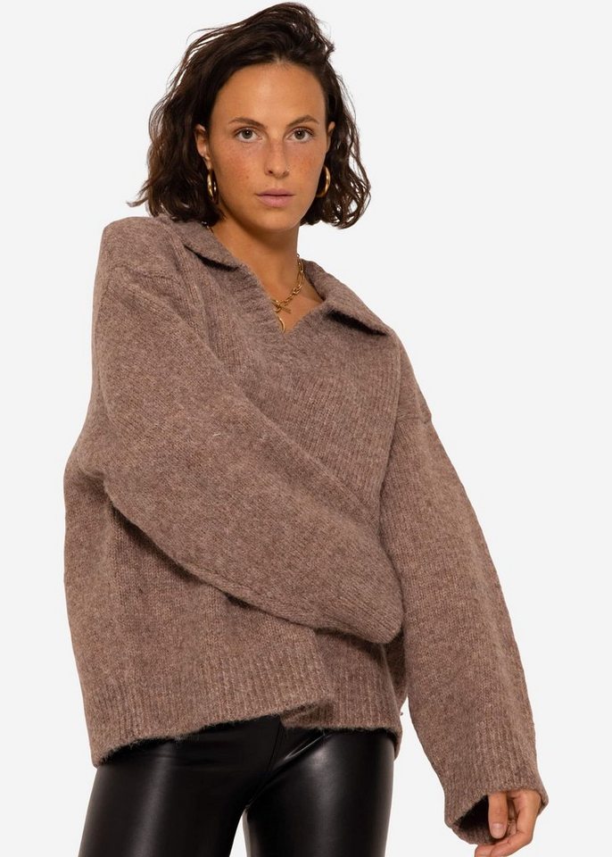 SASSYCLASSY Strickpullover Oversize Pullover mit Kragen und V-Ausschnitt Lässiger Pullover mit Kragen von SASSYCLASSY