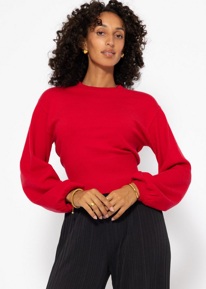 SASSYCLASSY Strickpullover Pullover mit Ballonärmeln und Cut-Out am Rücken Strickpullover Damen mit raffiniertem Rückendetail Schwarz Rot Weiß von SASSYCLASSY