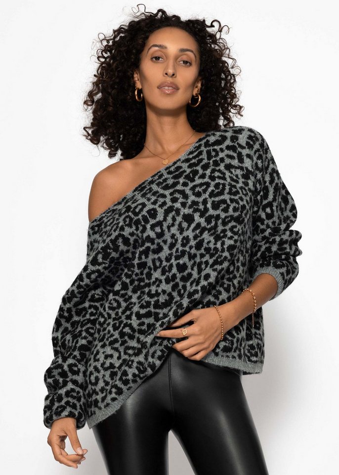 SASSYCLASSY Strickpullover Pullover mit Leo-Muster für Damen Weicher Strickpullover mit U-Boot Ausschnitt Rosa Hellgrau Beige von SASSYCLASSY