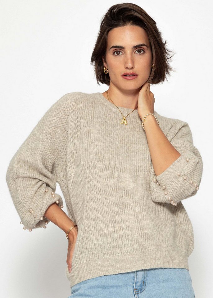 SASSYCLASSY Strickpullover Pullover mit Perlendetails für Damen Eleganter Pullover mit Rundhalsausschnitt Beige Hellblau Grau von SASSYCLASSY