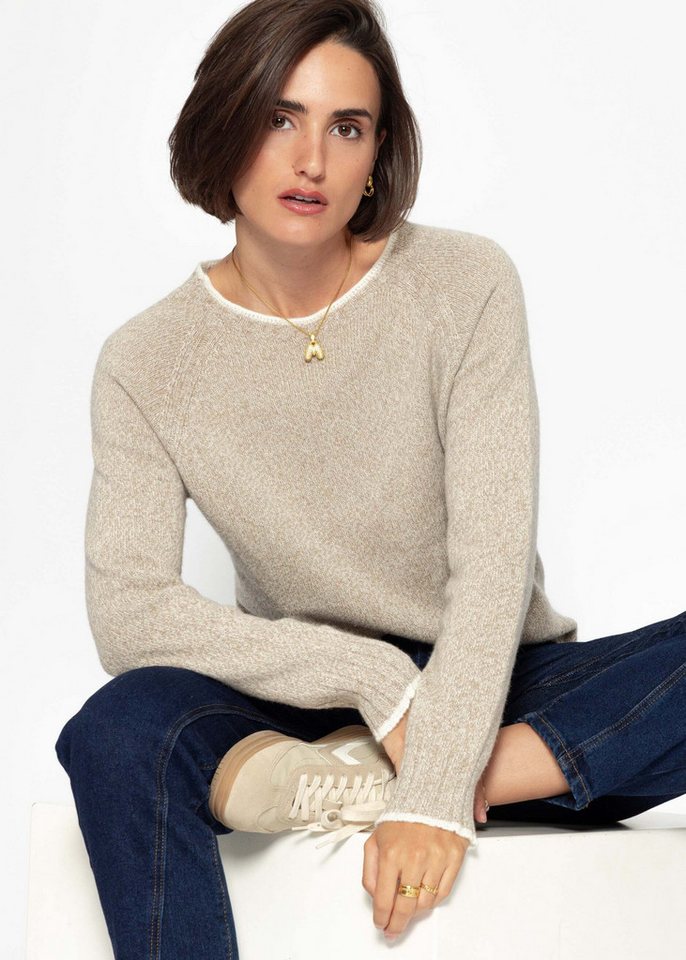 SASSYCLASSY Strickpullover Pullover mit Raglanärmeln für Damen Cozy Pullover mit Kontrastdetails und geripptem Saum Beige Hellblau von SASSYCLASSY