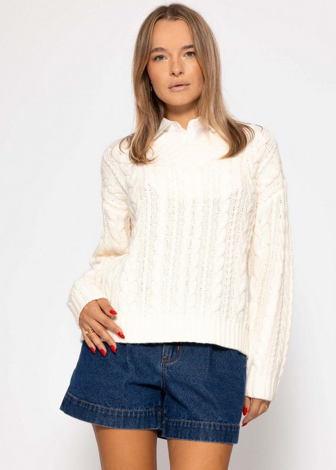 SASSYCLASSY Strickpullover Zopfstrickpullover mit V-Ausschnitt für Damen Weicher Pullover mit Rippstruktur am Bündchen Rosa Schwarz Offwhite von SASSYCLASSY