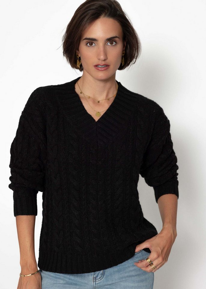 SASSYCLASSY Strickpullover Zopfstrickpullover mit V-Ausschnitt für Damen Weicher Pullover mit Rippstruktur am Bündchen Rosa Schwarz Offwhite von SASSYCLASSY