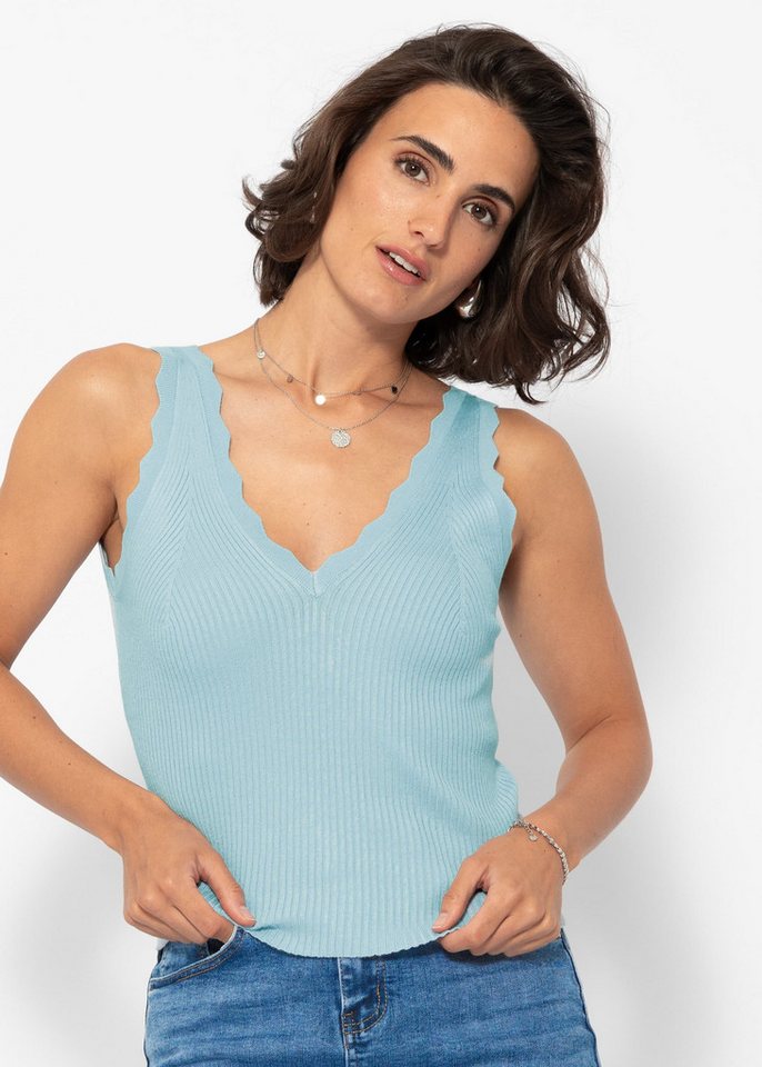 SASSYCLASSY Stricktop Figurbetontes Strick-Top Damen mit V-Ausschnitt Top in Rippstruktur mit Bogendetails Schwarz Beige Weiß Blau von SASSYCLASSY