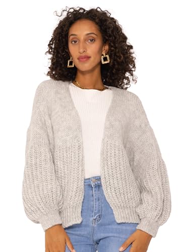 SASSYCLASSY Struktur Cardigan Damen kurz elegant - Grobstrickjacke Strickjacken für Damen - Strickjacke für Damen V Auschnitt - Strickweste Oversize - Hellgrau von SASSYCLASSY