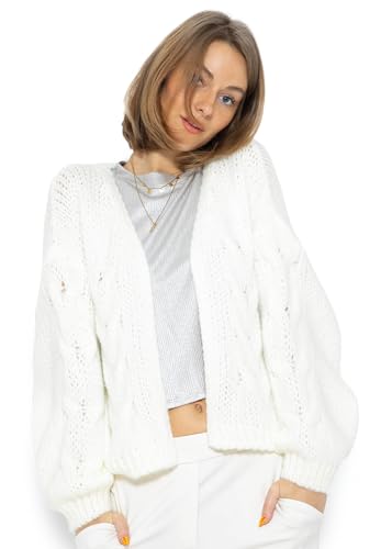 SASSYCLASSY Struktur Cardigan Damen kurz elegant mit Zopfmuster - Grobstrickjacke Strickjacken für Damen - Strickjacke für Damen V Auschnitt - Strickweste Oversize - Offwhite von SASSYCLASSY