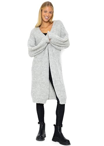 SASSYCLASSY Struktur Cardigan Damen lang elegant - Grobstrickjacke Strickjacken für Damen - Strickjacke mit V Auschnitt - Strickweste Oversize - Hellgrau von SASSYCLASSY