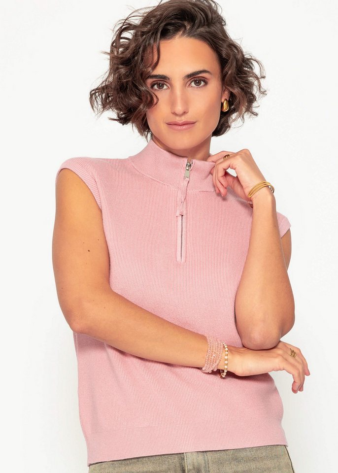 SASSYCLASSY T-Shirt Ärmellose Top Damen mit Reißverschluss elegant Lässiges Stricktop mit Zipper und V-Ausschnitt Schwarz Beige Weiß von SASSYCLASSY