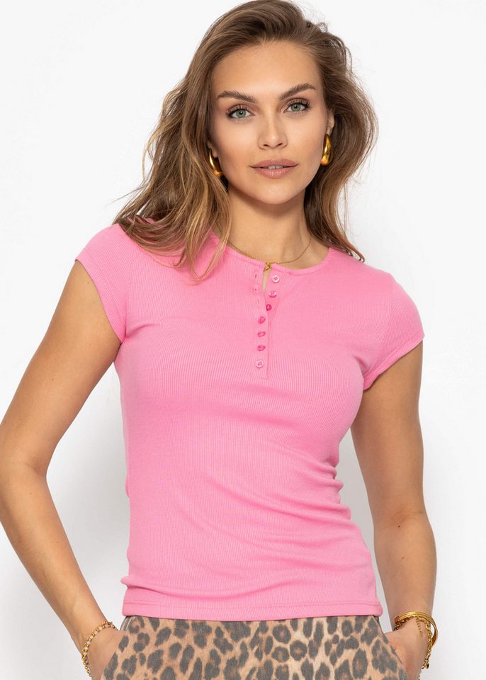 SASSYCLASSY T-Shirt Geripptes T-Shirt Damen mit Knopfleiste Elegant Figurbetontes Kurzarm Shirt mit Halsausschnitt in Rippstruktur von SASSYCLASSY