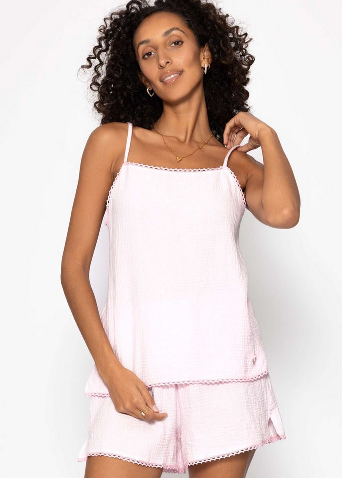 SASSYCLASSY T-Shirt Musselin Pyjamatop mit Spitzenborte für Damen Leichtes Top aus Musselin mit Schleifendetail Rosa Blau Gelb Weiß von SASSYCLASSY