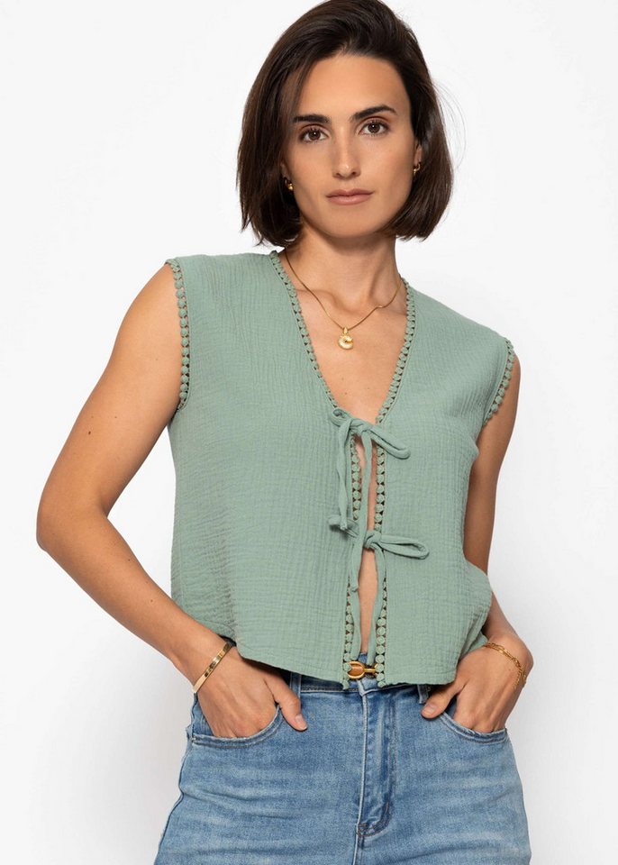 SASSYCLASSY T-Shirt Musselin Top mit Schleifen Damen Top aus Musselin mit V-Ausschnitt und Bindebändern flieder von SASSYCLASSY