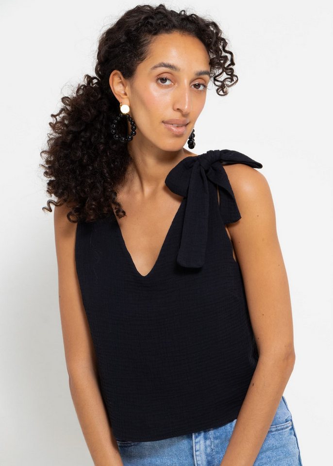 SASSYCLASSY Tanktop Fließendes Musselin Top 100 % ärmelloses Baumwoll Top mit V-Ausschnitt und Schleife von SASSYCLASSY