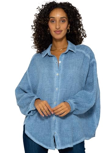 SASSYCLASSY Verwaschene Oversize Musselin Bluse Damen Langarm - Oversized Freizeit Look verwaschen - Hemdbluse lang aus Baumwolle mit V Ausschnitt von SASSYCLASSY