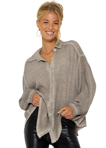 SASSYCLASSY Verwaschene Oversize Musselin Bluse Damen Langarm - Oversized Freizeit Look verwaschen - Hemdbluse lang aus Baumwolle mit V Ausschnitt von SASSYCLASSY