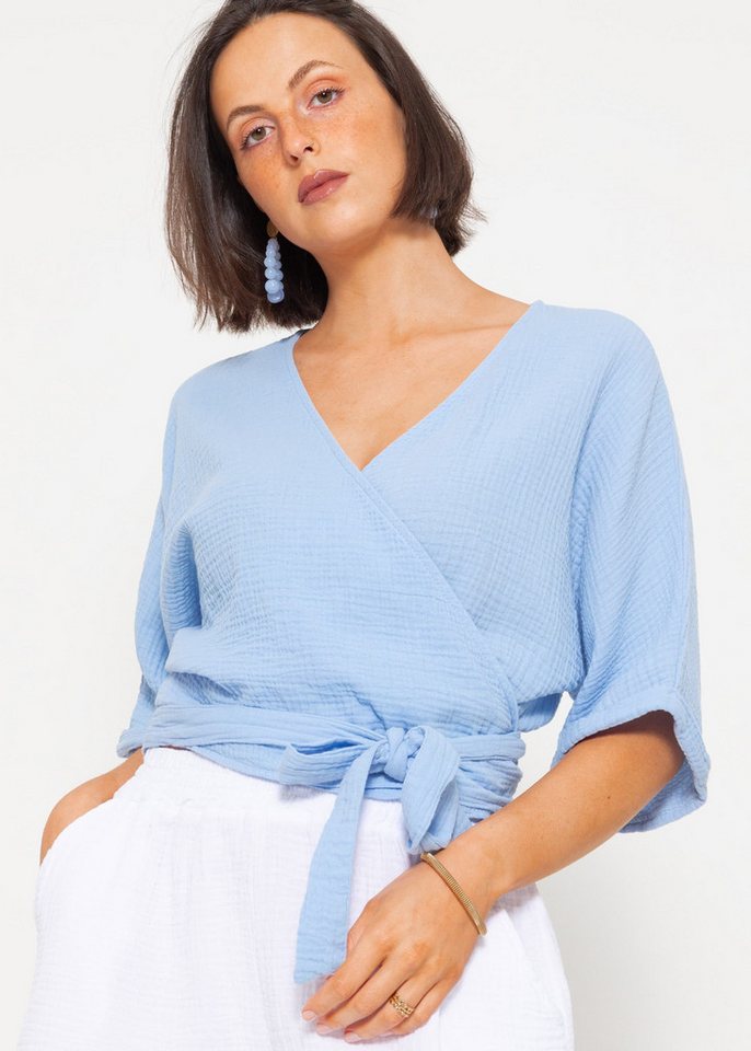 SASSYCLASSY Wickelbluse Musselin Bluse mit Bindeband und lockerer Passform Kurzarm Wickelbluse aus Baumwolle SASSYCLASSY Wickelbluse Musselin Bluse mit Bindeband und lockerer Passform Kurzarm Wickelbluse aus Baumwolle von SASSYCLASSY