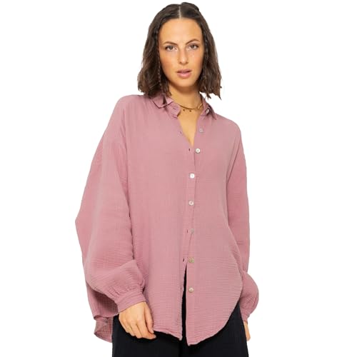 SASSYCLASSY Oversize Musselin Bluse Damen Langarm - Oversized Freizeit Look - Hemdbluse lang aus Baumwolle mit V Ausschnitt - Long-Bluse One Size (Gr. 36-48) Altrosa von SASSYCLASSY