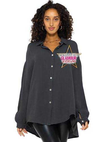 SASSYCLASSY Oversize Musselin Bluse Damen Langarm in Dunkelgrau - Oversized Freizeit Look - Hemdbluse lang aus Baumwolle mit V Ausschnitt - Long-Bluse One Size (Gr. 36-48) von SASSYCLASSY