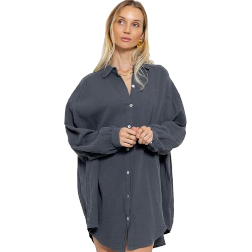 SASSYCLASSY Oversize Musselin Bluse Damen Langarm - Oversized Freizeit Look - Hemdbluse lang aus Baumwolle mit V Ausschnitt - Long-Bluse One Size (Gr. 36-48) Dunkelgrau von SASSYCLASSY