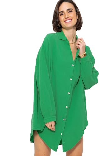 SASSYCLASSY Oversize Musselin Bluse Damen Langarm in Frühlingsgrün - Oversized Freizeit Look - Hemdbluse lang aus Baumwolle mit V Ausschnitt - Long-Bluse One Size (Gr. 36-48) von SASSYCLASSY