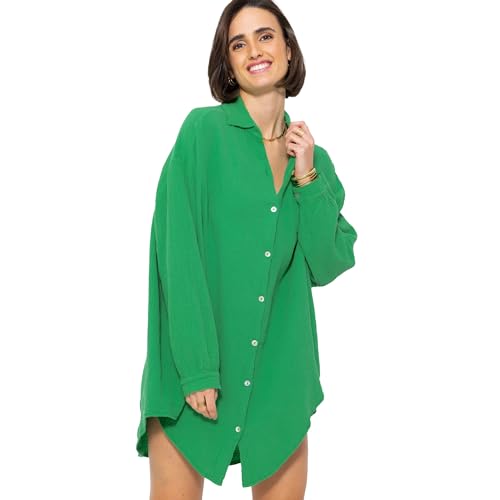 SASSYCLASSY Oversize Musselin Bluse Damen Langarm - Oversized Freizeit Look - Hemdbluse lang aus Baumwolle mit V Ausschnitt - Long-Bluse One Size (Gr. 36-48) Hellgrün von SASSYCLASSY