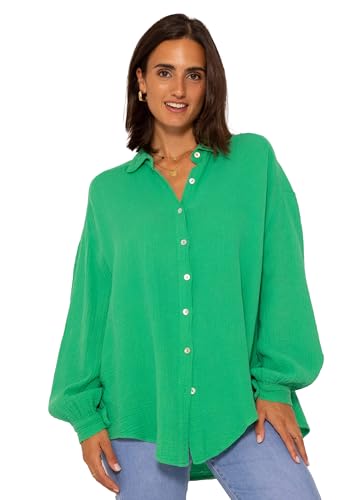 SASSYCLASSY Oversize Musselin Bluse Damen Langarm in Frühlingsgrün - Oversized Freizeit Look - Hemdbluse lang aus Baumwolle mit V Ausschnitt - One Size (Gr. 36-48) von SASSYCLASSY