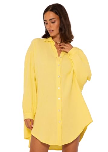 SASSYCLASSY Oversize Musselin Bluse Damen Langarm in Gelb - Oversized Freizeit Look - Hemdbluse lang aus Baumwolle mit V Ausschnitt - Long-Bluse One Size (Gr. 36-48) von SASSYCLASSY