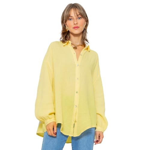 SASSYCLASSY Oversize Musselin Bluse Damen Langarm - Oversized Freizeit Look - Hemdbluse lang aus Baumwolle mit V Ausschnitt - Long-Bluse One Size (Gr. 36-48) Gelb von SASSYCLASSY