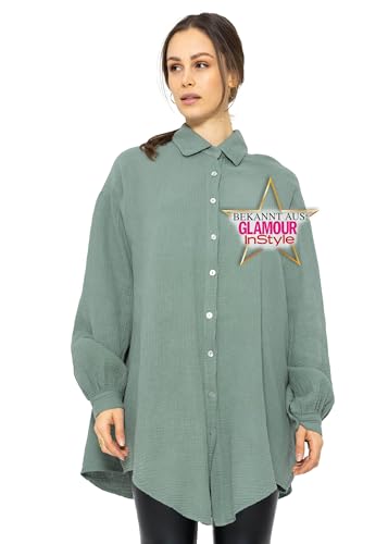 SASSYCLASSY Oversize Musselin Bluse Damen Langarm - Oversized Freizeit Look - Hemdbluse lang aus Baumwolle mit V Ausschnitt - Long-Bluse One Size (Gr. 36-48) Grün von SASSYCLASSY