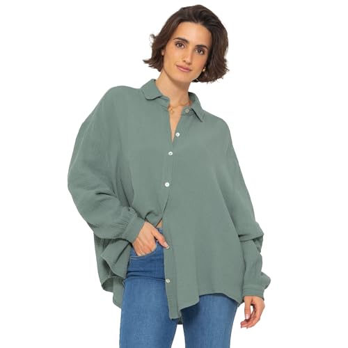 SASSYCLASSY Oversize Musselin Bluse Damen Langarm - Oversized Freizeit Look - Hemdbluse lang aus Baumwolle mit V Ausschnitt - Long-Bluse One Size (Gr. 36-48) Grün von SASSYCLASSY