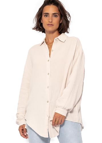 SASSYCLASSY Oversize Musselin Bluse Damen Langarm - Oversized Freizeit Look - Hemdbluse lang aus Baumwolle mit V Ausschnitt - Long-Bluse One Size (Gr. 36-48) Hellbeige von SASSYCLASSY