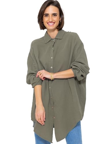 SASSYCLASSY Oversize Musselin Bluse Damen Langarm in Khaki - Oversized Freizeit Look - Hemdbluse lang aus Baumwolle mit V Ausschnitt - Long-Bluse One Size (Gr. 36-48) von SASSYCLASSY
