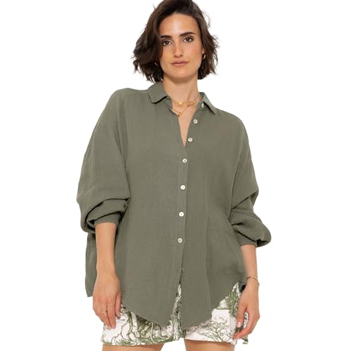 SASSYCLASSY Oversize Musselin Bluse Damen Langarm - Oversized Freizeit Look - Hemdbluse lang aus Baumwolle mit V Ausschnitt - Long-Bluse One Size (Gr. 36-48) Khaki von SASSYCLASSY