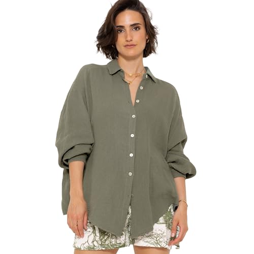 SASSYCLASSY Oversize Musselin Bluse Damen Langarm in Khaki - Oversized Freizeit Look - Hemdbluse lang aus Baumwolle mit V Ausschnitt - One Size (Gr. 36-48) von SASSYCLASSY