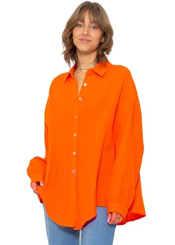 SASSYCLASSY Oversize Musselin Bluse Damen Langarm in Orange - Oversized Freizeit Look - Hemdbluse lang aus Baumwolle mit V Ausschnitt - One Size (Gr. 36-48) von SASSYCLASSY