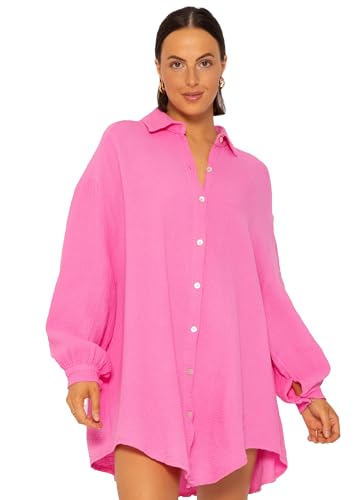 SASSYCLASSY Oversize Musselin Bluse Damen Langarm in Pink - Oversized Freizeit Look - Hemdbluse lang aus Baumwolle mit V Ausschnitt - Long-Bluse One Size (Gr. 36-48) von SASSYCLASSY