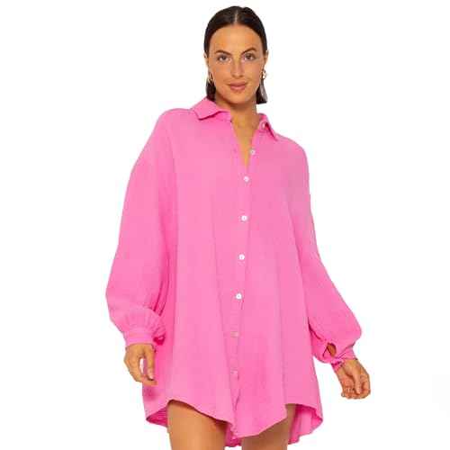 SASSYCLASSY Oversize Musselin Bluse Damen Langarm - Oversized Freizeit Look - Hemdbluse lang aus Baumwolle mit V Ausschnitt - Long-Bluse One Size (Gr. 36-48) Pink von SASSYCLASSY