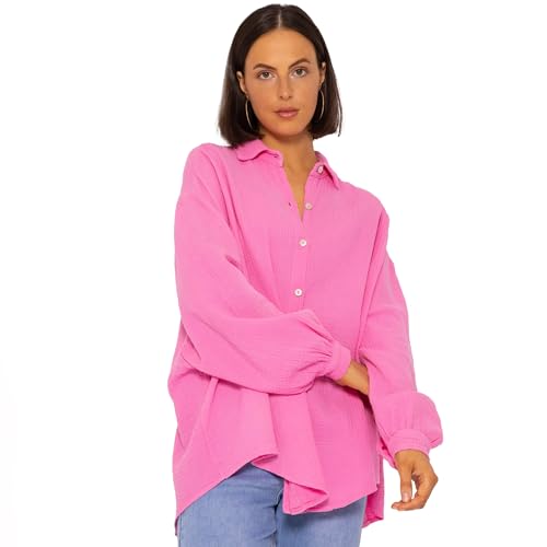 SASSYCLASSY Oversize Musselin Bluse Damen Langarm - Oversized Freizeit Look - Hemdbluse lang aus Baumwolle mit V Ausschnitt - Long-Bluse One Size (Gr. 36-48) Pink von SASSYCLASSY